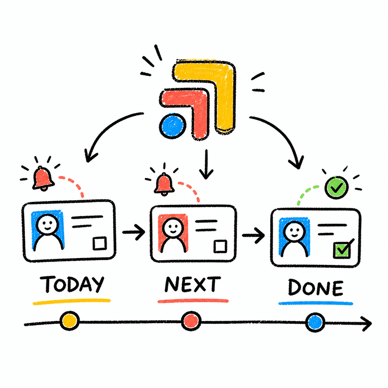 Diagram showing patient tasks moving through Today, Next, and Done stages