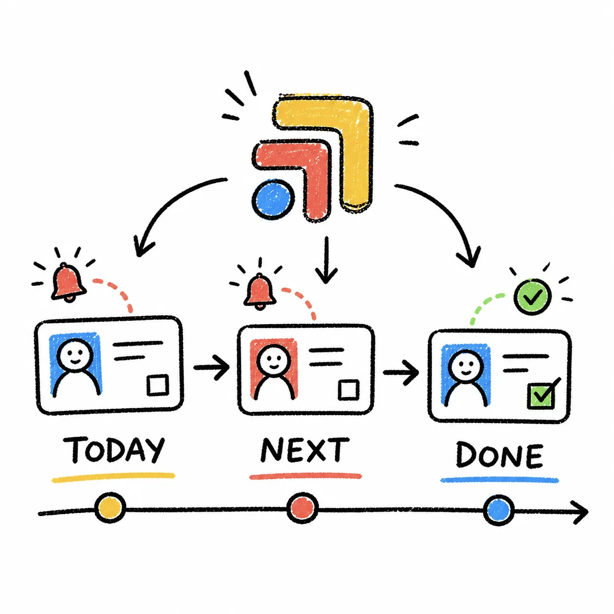 Hand-drawn sketch: work moving along a timeline from today to next to done.